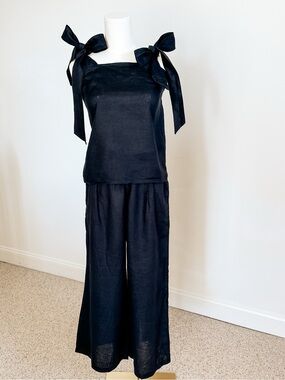 Hazel + Folk Black 100% Linen Two-Piece Set — Amelia Pants & Stella Top — Size S